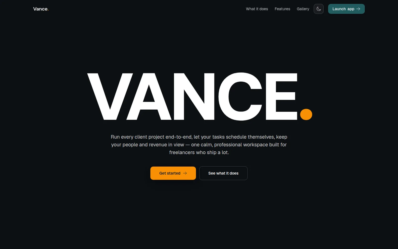 Vance landing page — the freelance command center